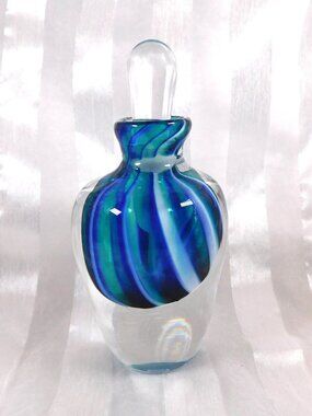 Signed Blue Green and White Striped Art Glass Perfume Bottle # 26412